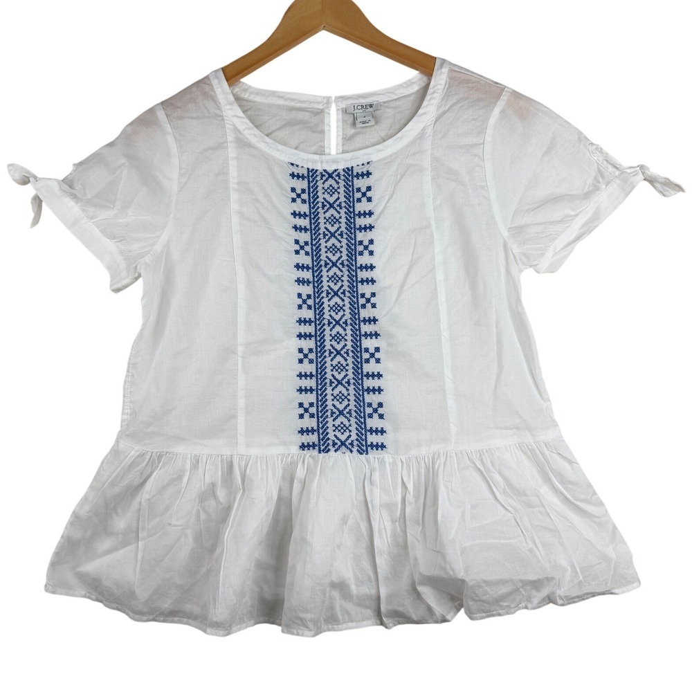 J. Crew Embroidered Center Panel Detail Peplum Blouse size 4 White/Blue